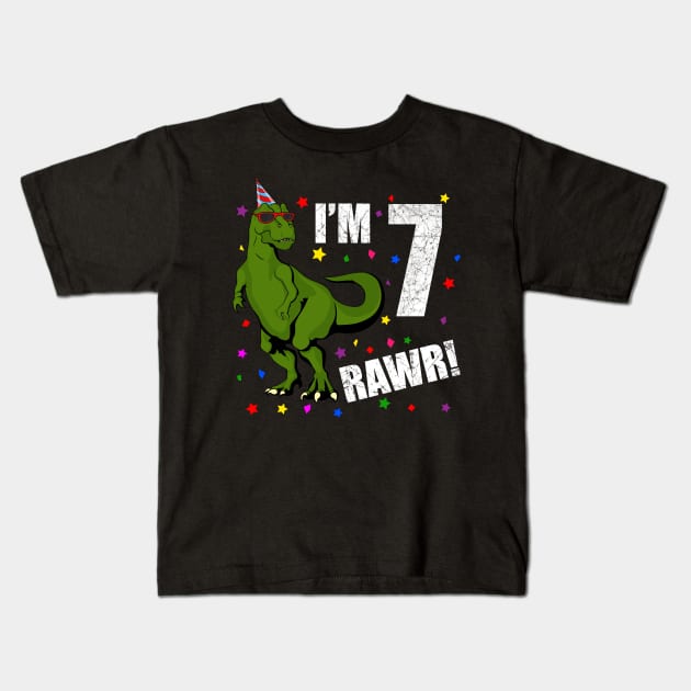 Bday Kids 7 Years Old Dinosaur Birthday Kids T-Shirt by KawaiiAttack